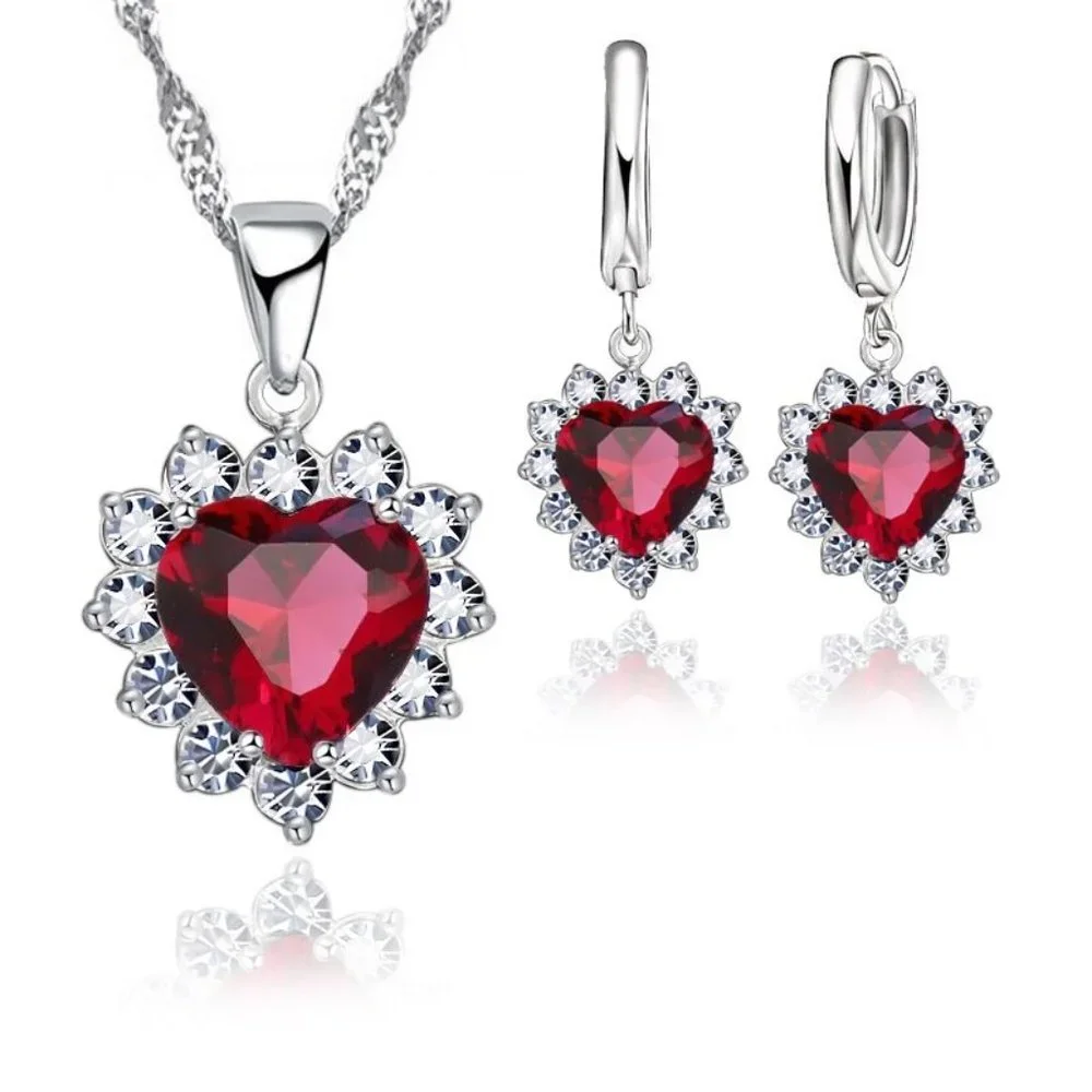 💎 Heart Necklace And Earrings 925 Sterling Silver Set - Picture 1 of 3